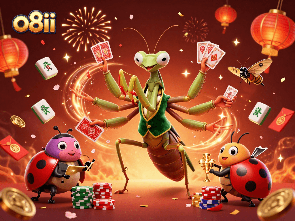 Experience vibrant gameplay at o8ii with a captivating 3D casino illustration showcasing festive characters and game elements.