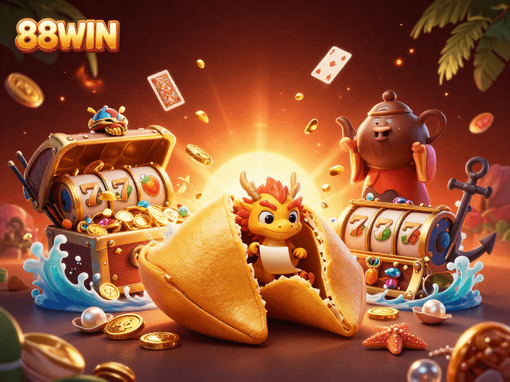 Experience thrilling wins at 88WIN with vibrant casino scenes filled with slot reels and treasures.