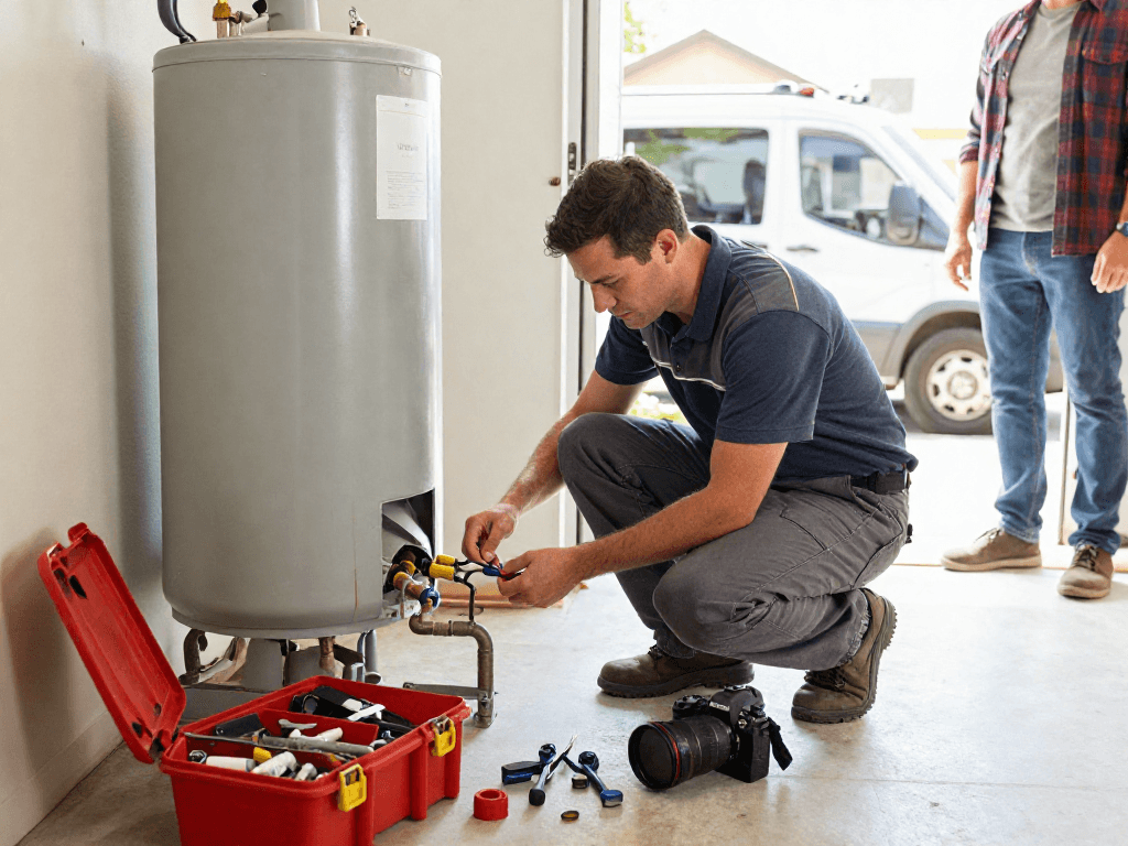 Expert technician performing water heater repair Fort Worth in a bright utility space, showcasing tools and homeowner trust.