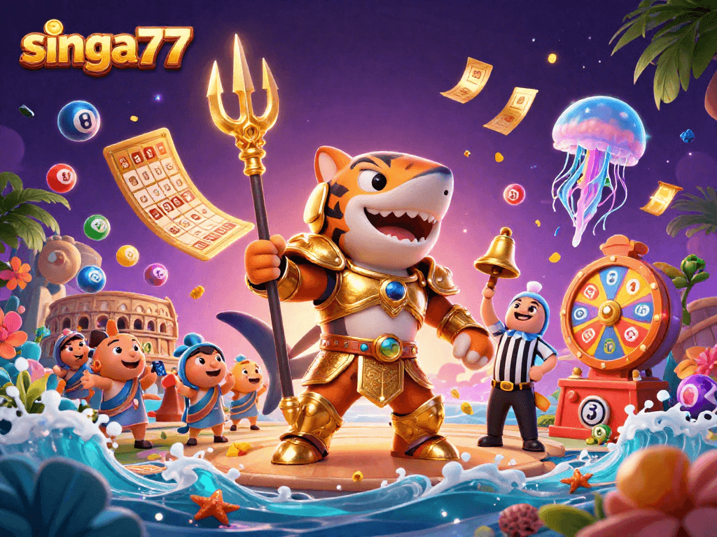 Singa77 highlights the exciting underwater casino adventure with vibrant characters and game elements.