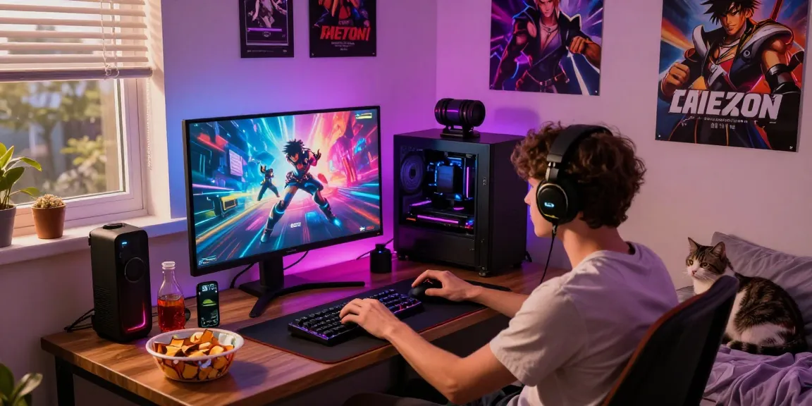 Immersive scene of a person playing porn games online in a cozy bedroom with engaging gaming setup.