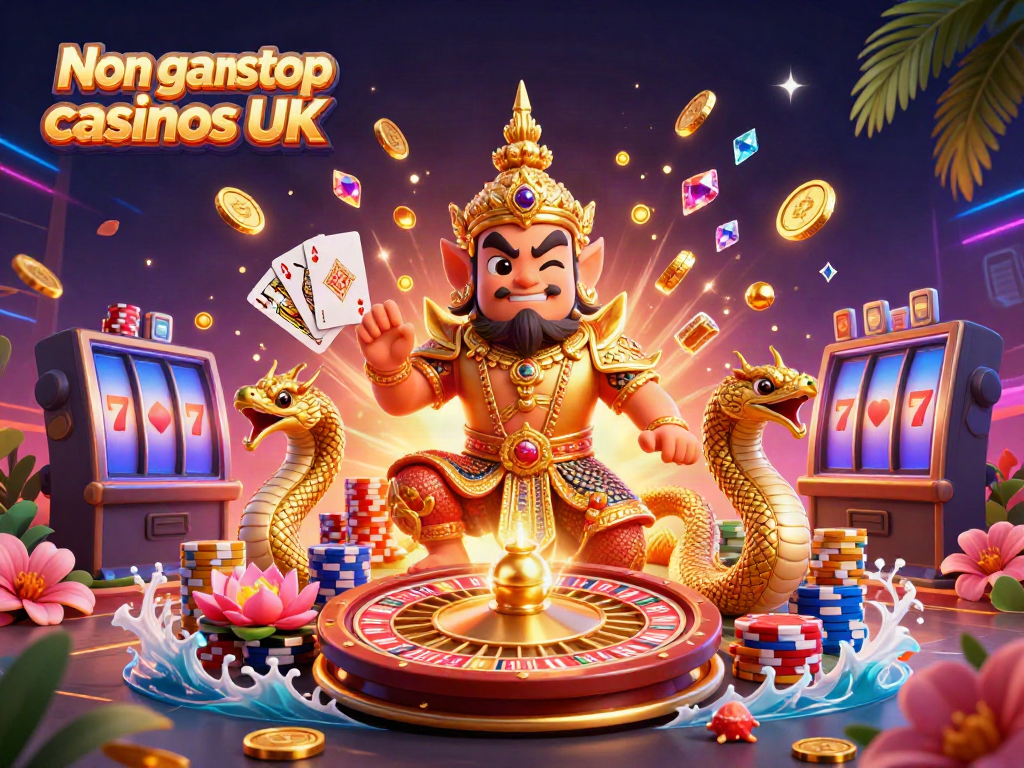 Engaging scene of Non gamstop casinos UK depicted with vibrant characters, casino elements, and golden treasures.