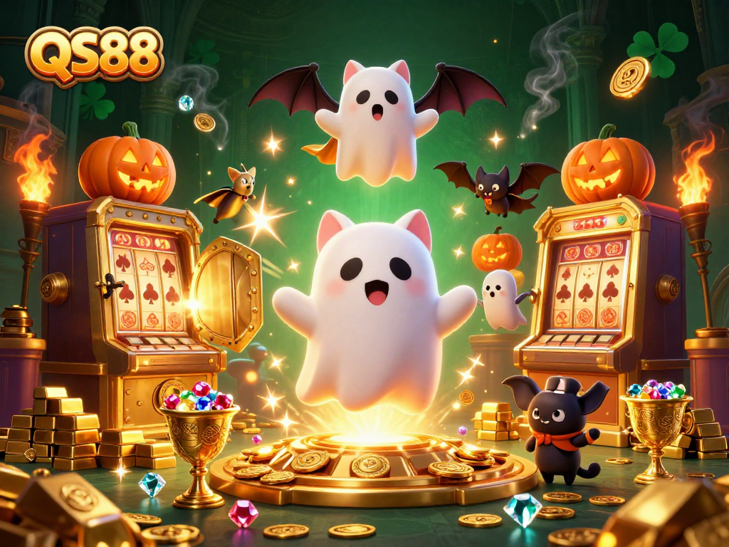 Engage with QS88's vibrant gambling world featuring a friendly ghost cat and captivating riches.