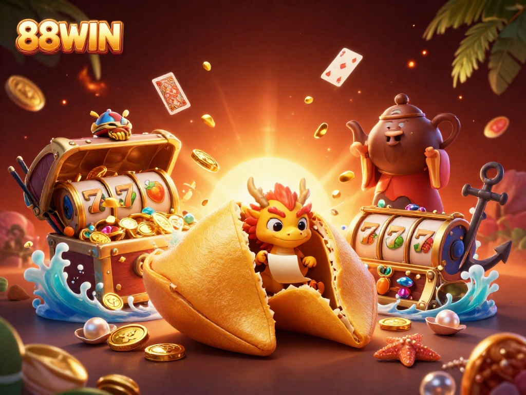 Experience thrilling wins at 88WIN with vibrant casino scenes filled with slot reels and treasures.