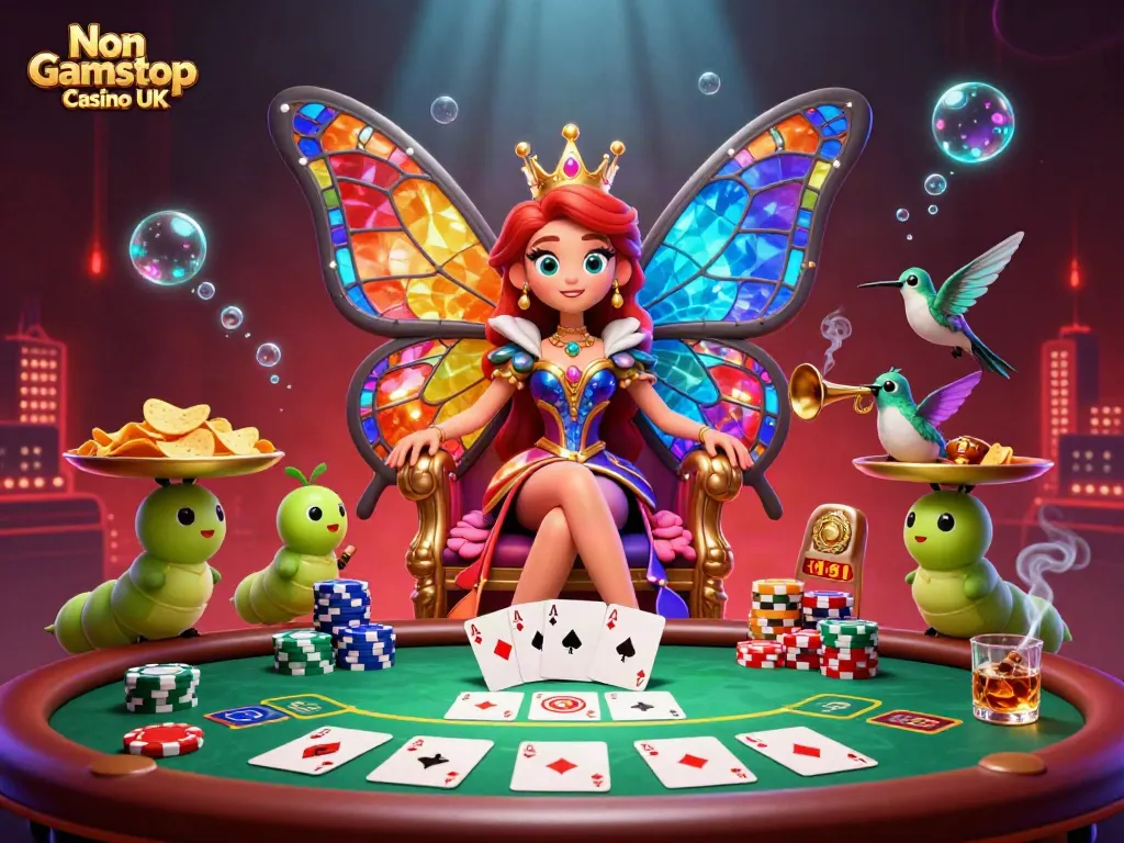 Experience the vibrant world of Non Gamstop Casino UK with a cartoon queen and dynamic gaming elements.