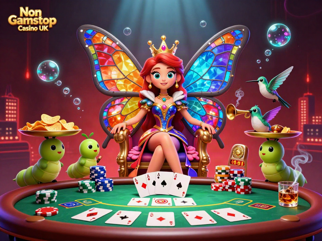 Experience the vibrant world of Non Gamstop Casino UK with a cartoon queen and dynamic gaming elements.