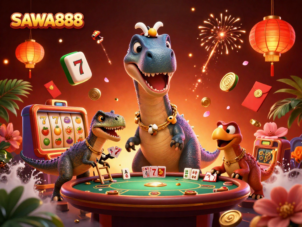 Engage with SAWA888, featuring a dinosaur dealer in an exciting casino environment.