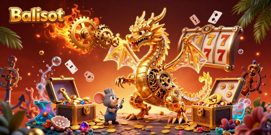 Balislot's immersive gaming world showcasing a golden dragon and slot machines with dynamic elements.