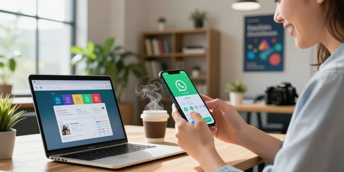 Excited young professional downloading WhatsApp下載 on smartphone in modern workspace.