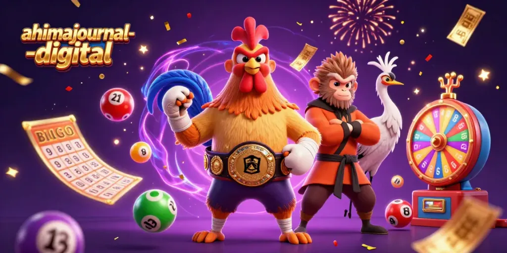 Join the excitement of gaming at ahimajournal-digital with dynamic lottery balls and casino-themed characters.