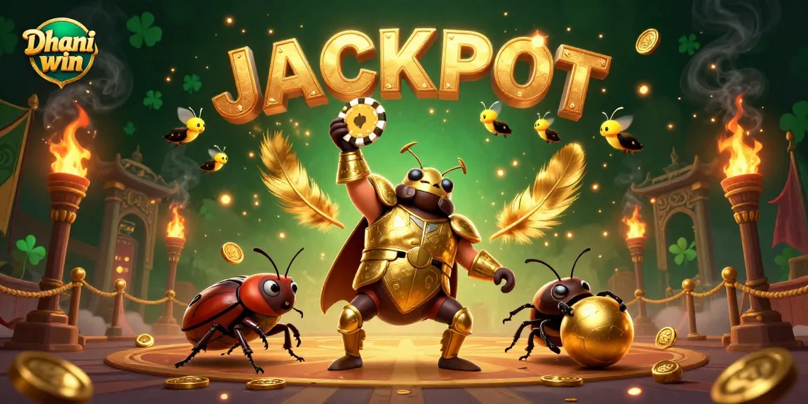 Dhani win casino illustration featuring a victorious beetle character lifting a poker chip amid golden coins and ember particles.