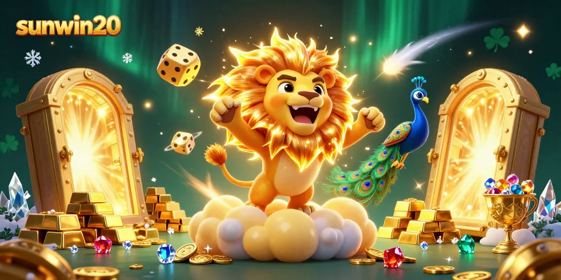 Engage in winning strategies with sunwin20, featuring a sun lion and treasures in a vibrant casino setting.