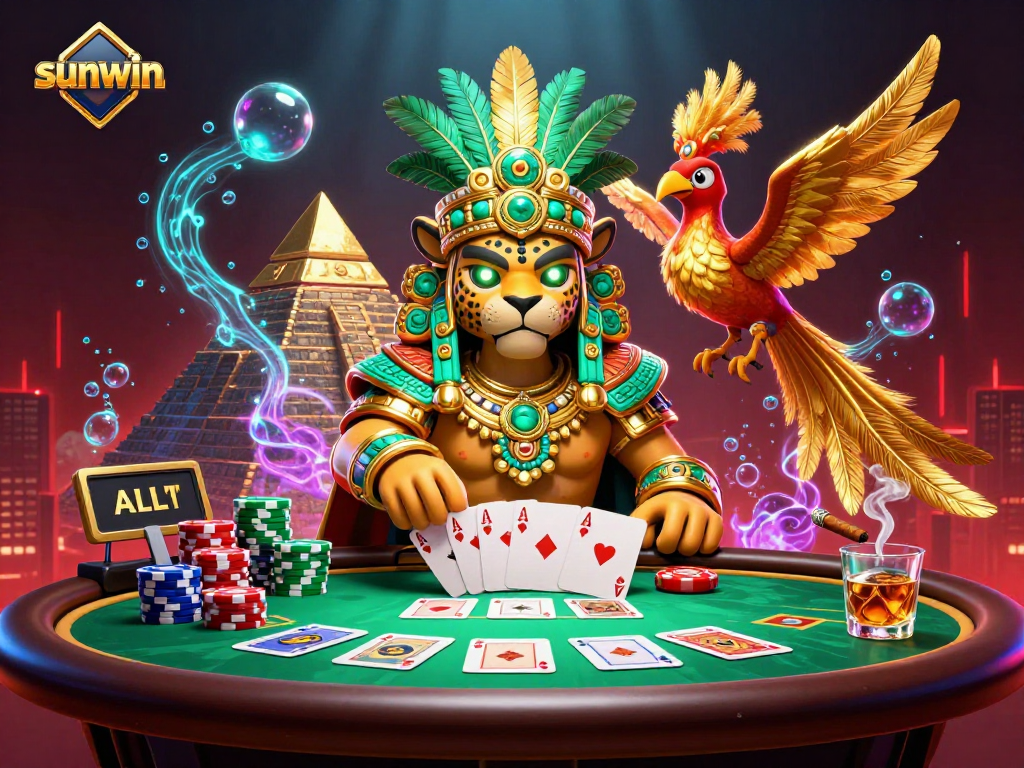 Engage with sunwin's vibrant Mayan-themed casino scene featuring dynamic poker action.