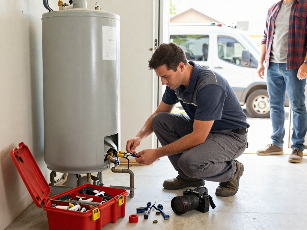 Expert technician performing water heater repair Fort Worth in a bright utility space, showcasing tools and homeowner trust.