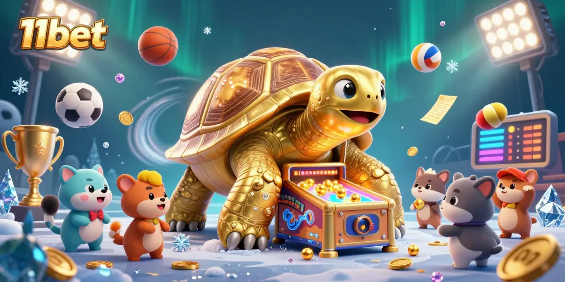 Engage with 11bet's exciting betting atmosphere featuring a dynamic scene of a cartoon tortoise playing a pinball machine.