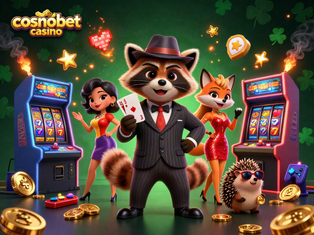 Experience excitement at cosmobet casino with a cartoon raccoon, fox, and hedgehog surrounded by vibrant games and slot reels.