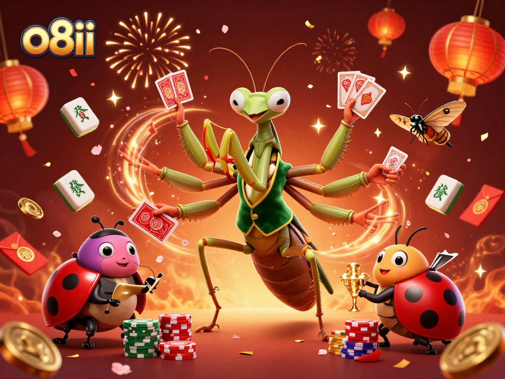 Experience vibrant gameplay at o8ii with a captivating 3D casino illustration showcasing festive characters and game elements.