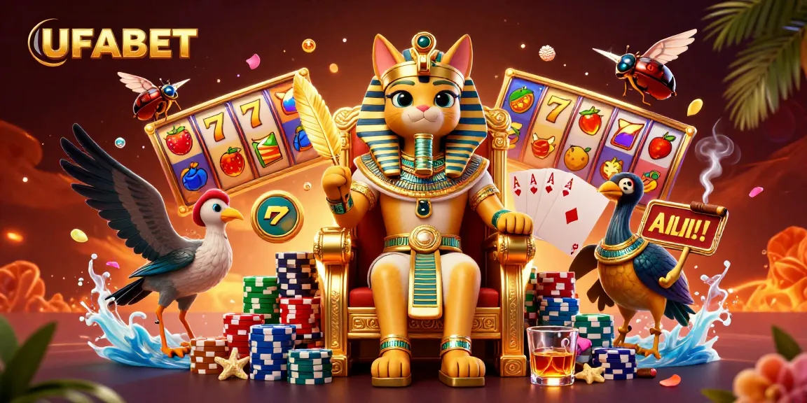 Experience thrilling slot games at UFABET with golden pharaoh cat and vibrant symbols.