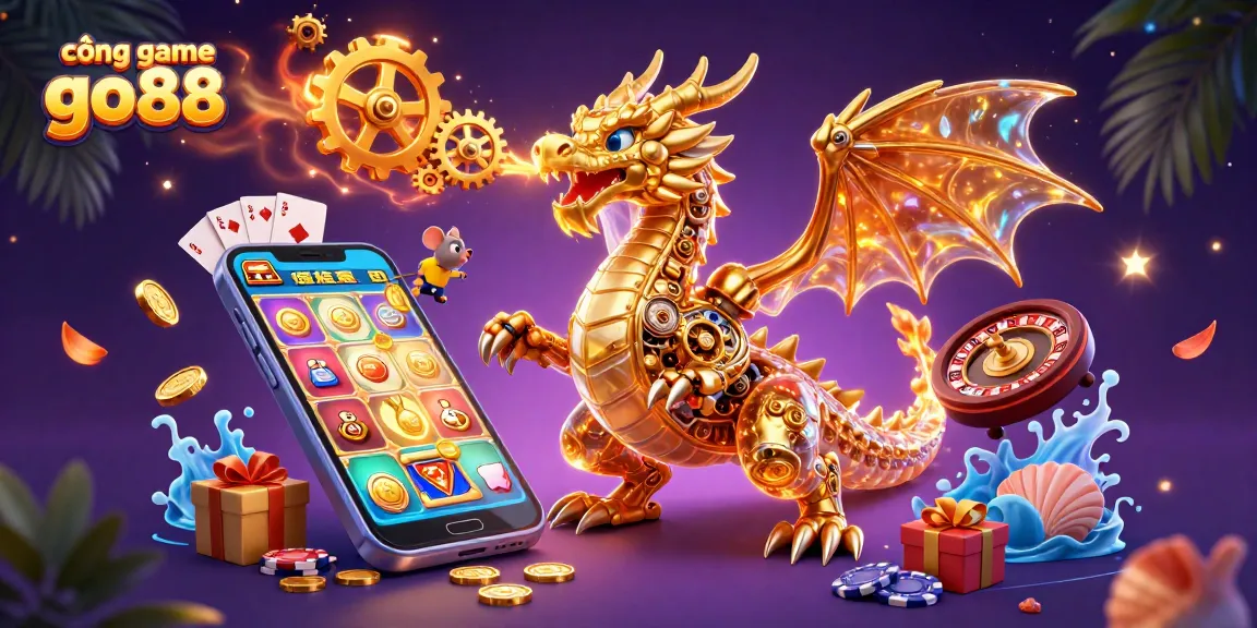 Experience excitement at cổng game go88 with a vibrant 3D illustration of a golden dragon and gaming elements.