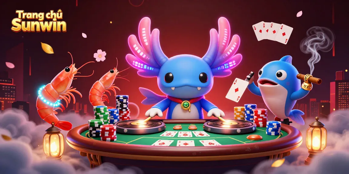Experience dynamic gaming at Trang chủ Sunwin with vibrant axolotl DJ and poker elements.
