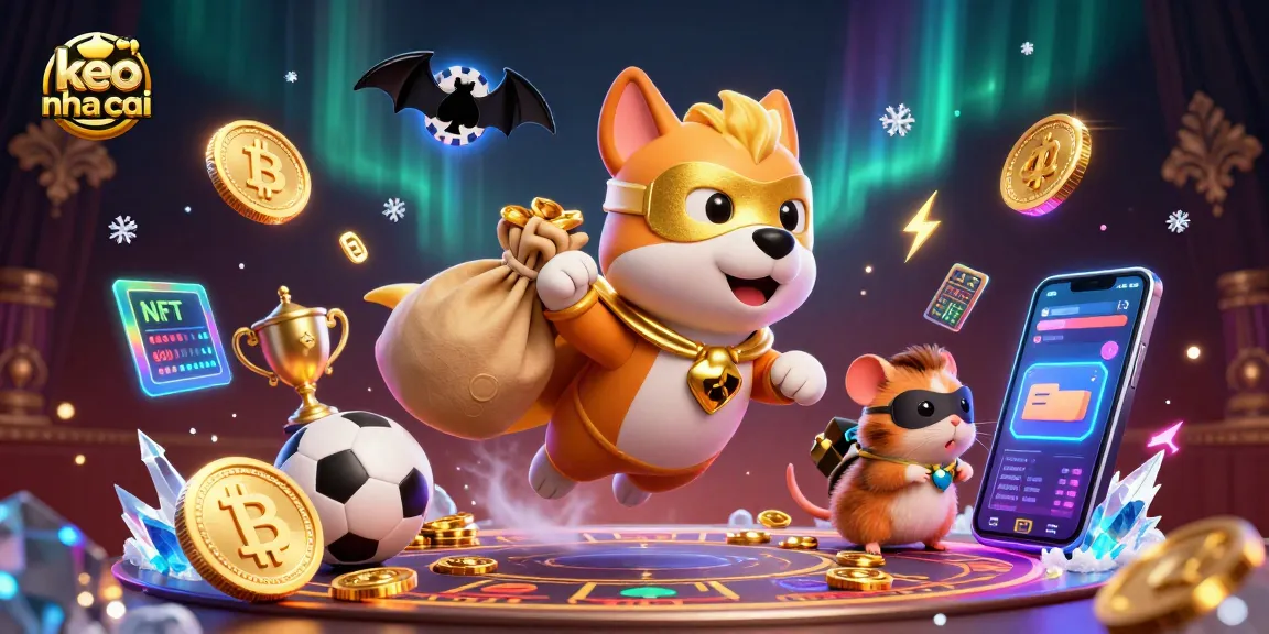 Experience keo nha cai through a dynamic illustration featuring a superhero dog and hamster amid sports betting excitement.