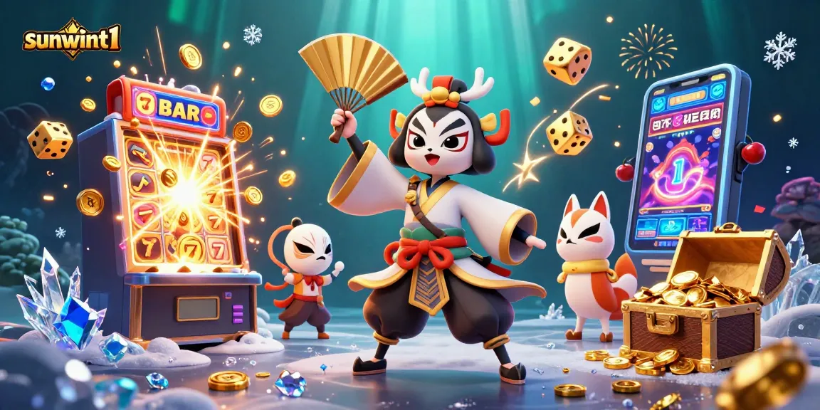 Experience exciting jackpots with sunwint1 in this vibrant casino scene featuring 3D characters and slot machines.