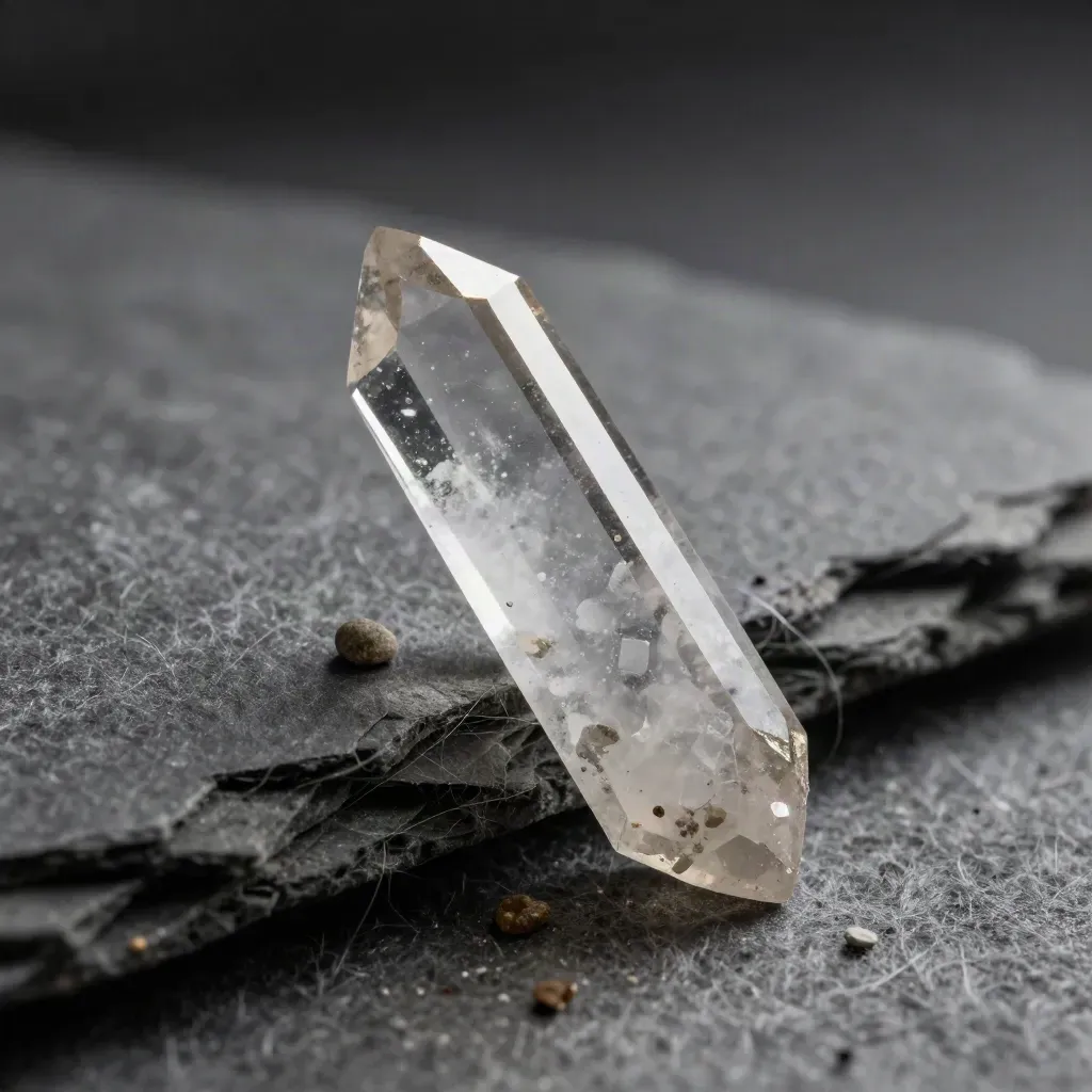 Clear quartz point half-buried in slate-grey wool with pebble and shard, lit by a sharp rim light.