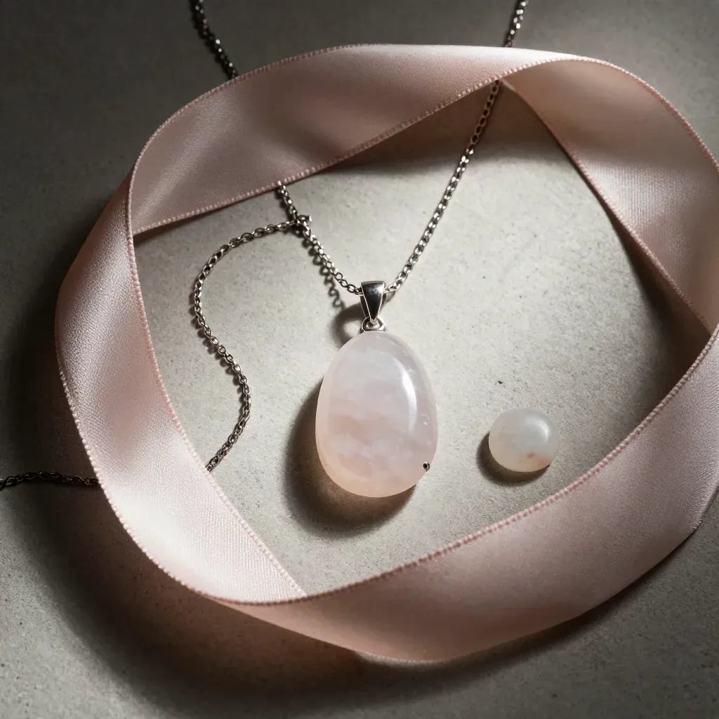 Overhead rose quartz pendant with silk ribbon and small stone on pale concrete