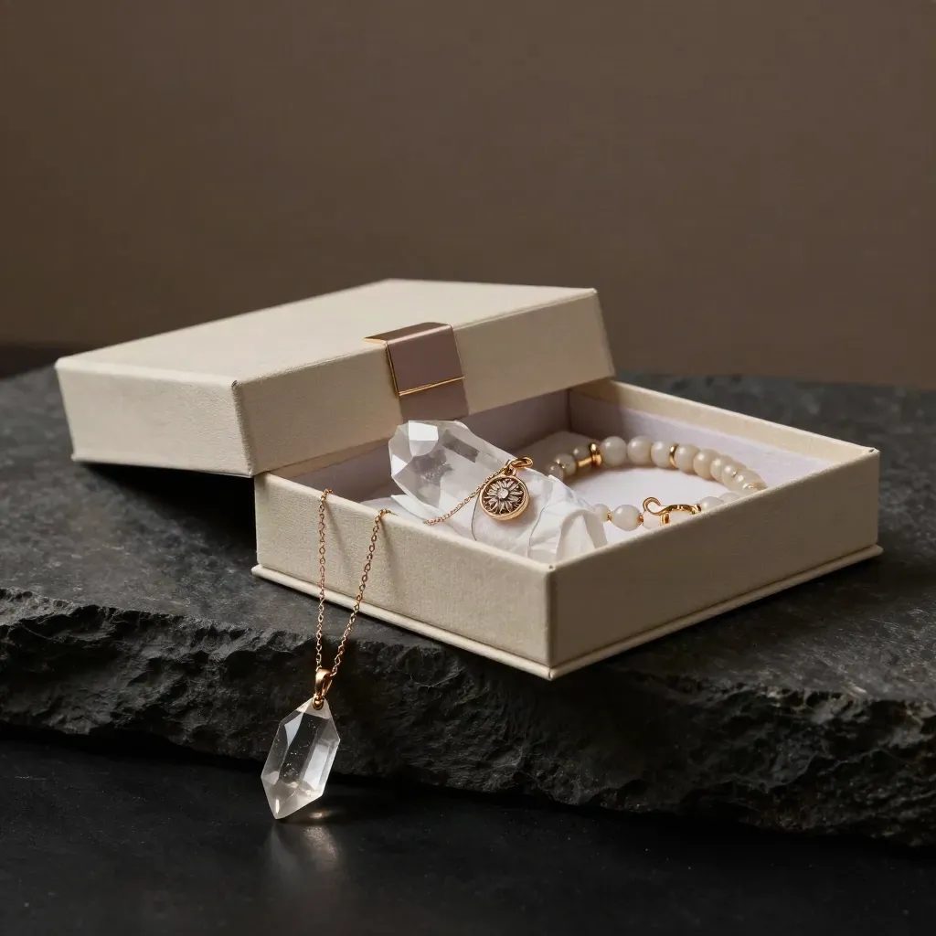 Quartz gift box set with point, pendant and bracelet on a dark stone ledge