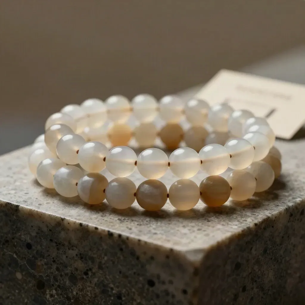 Quartz bracelet stack arcing around a pale stone cylinder with loose beads and warm studio light