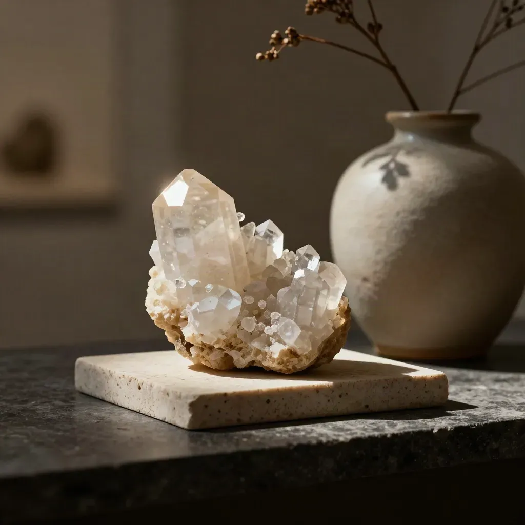 Quartz specimen on travertine beside a ceramic vessel and dried stem, softly lit