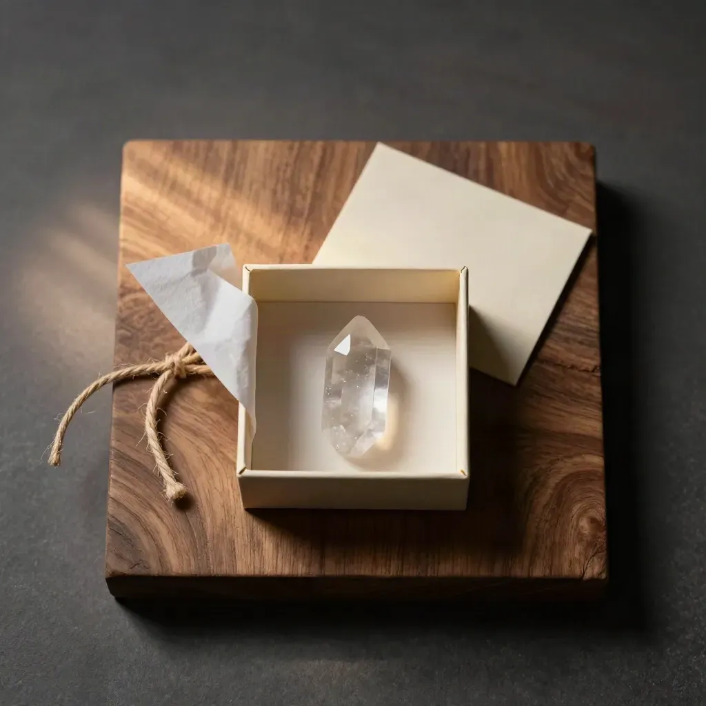 Open quartz gift box with tissue, crystal point and twine on walnut slab, overhead flatlay
