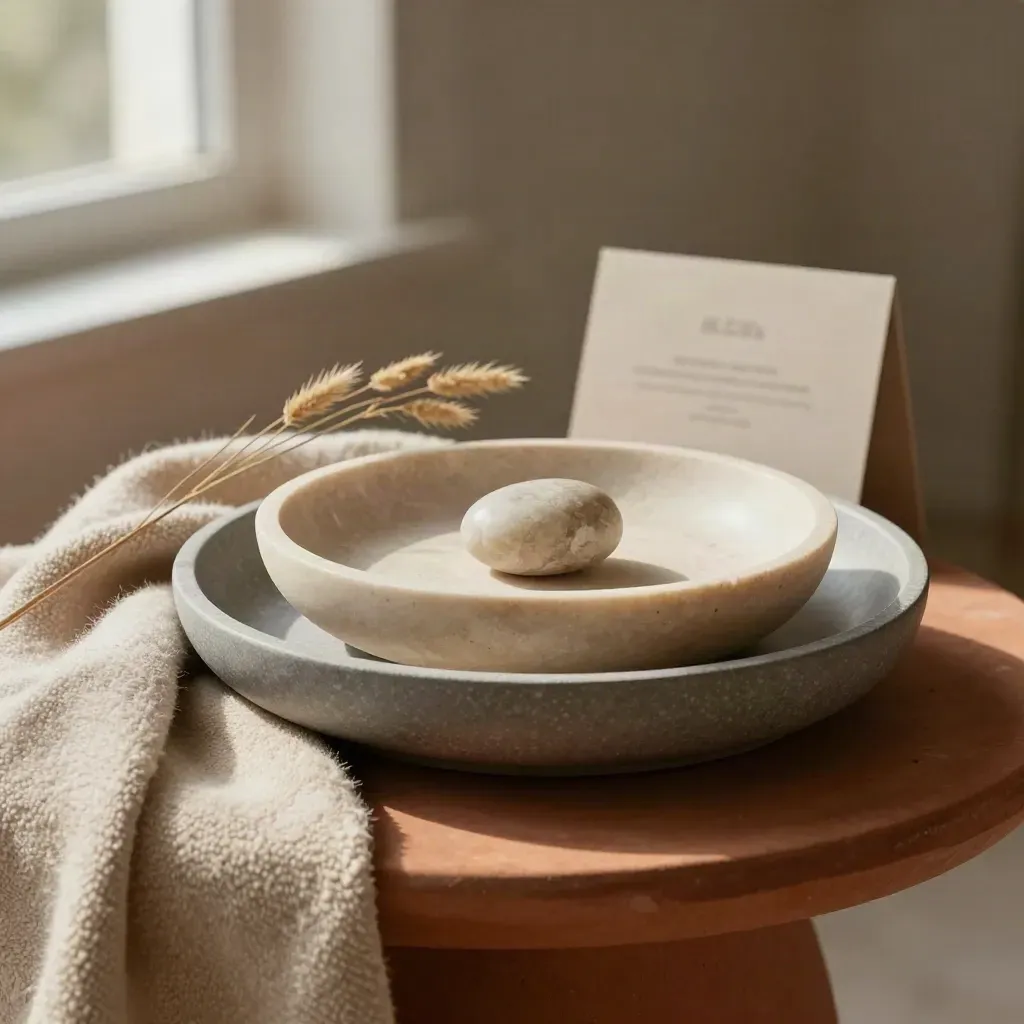 Quartz home bowl set on a terracotta side table with wool throw, dried grass and a tumble stone.
