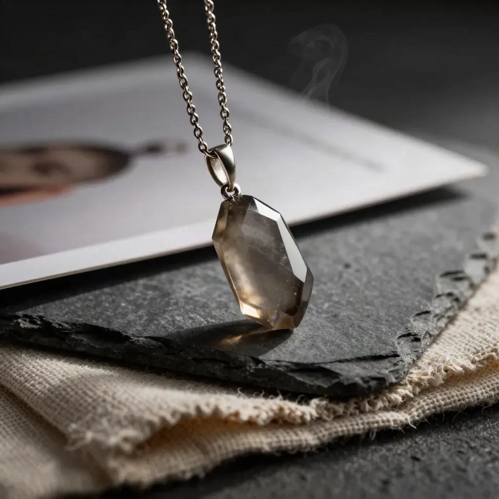 Smoky quartz pendant on a silver chain over linen and graphite stone in moody macro light.