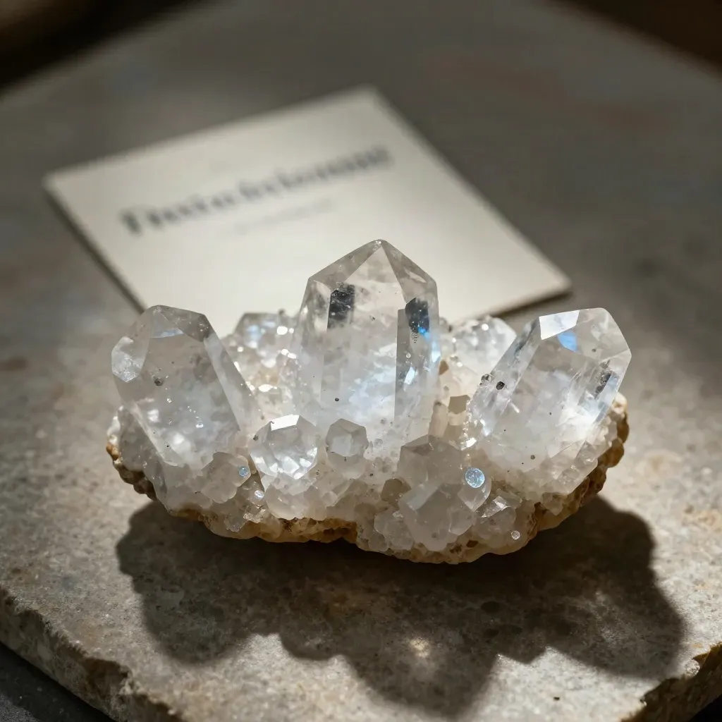 Overhead quartz cluster with two shards on a stone slab, softly lit with blue glints