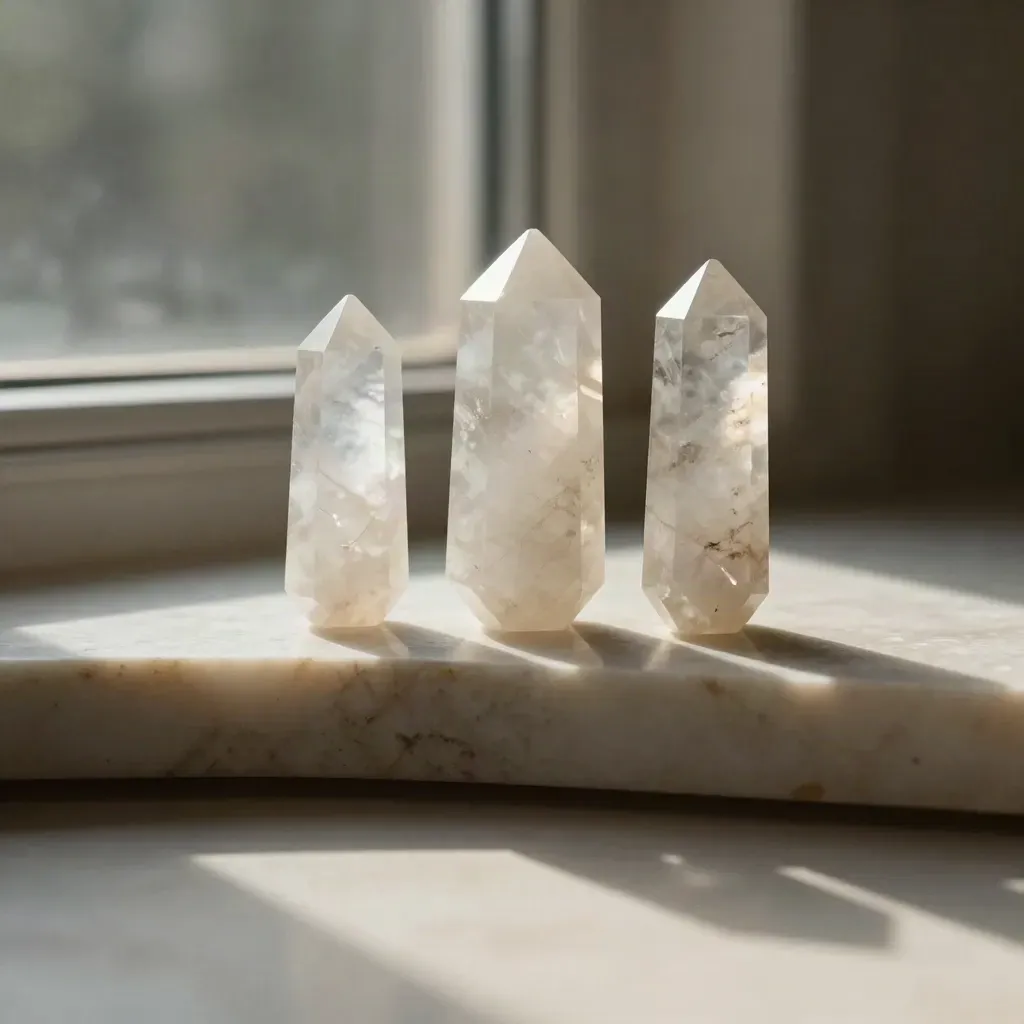 Three quartz points on a pale marble shelf with soft window light and open copy space