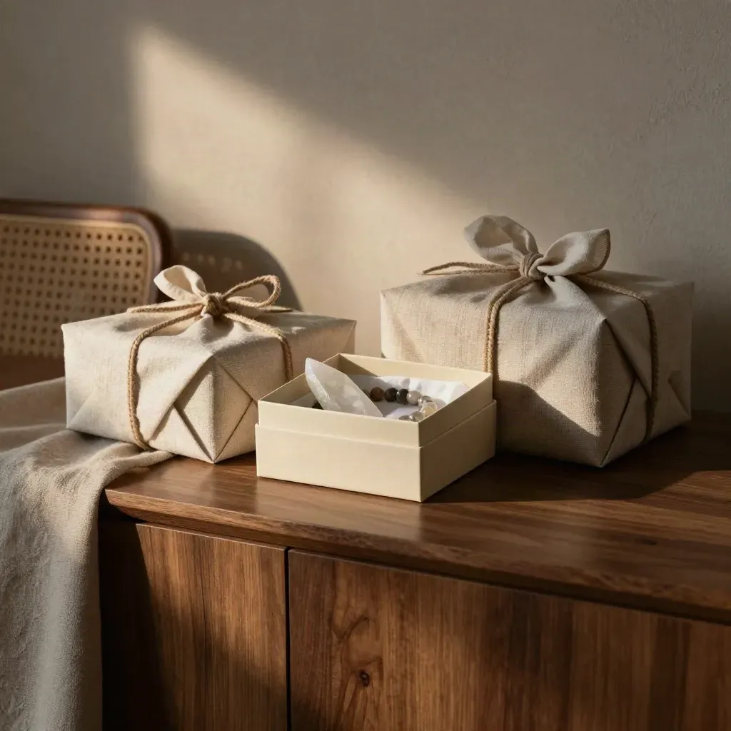 Walnut console with wrapped quartz gift bundles, woven chair back, and warm late-afternoon light.