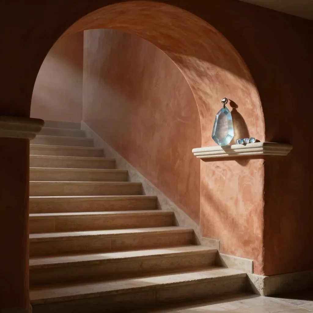 Arched stair landing with quartz pendant and bracelet on a stone plinth, lit by evening sun