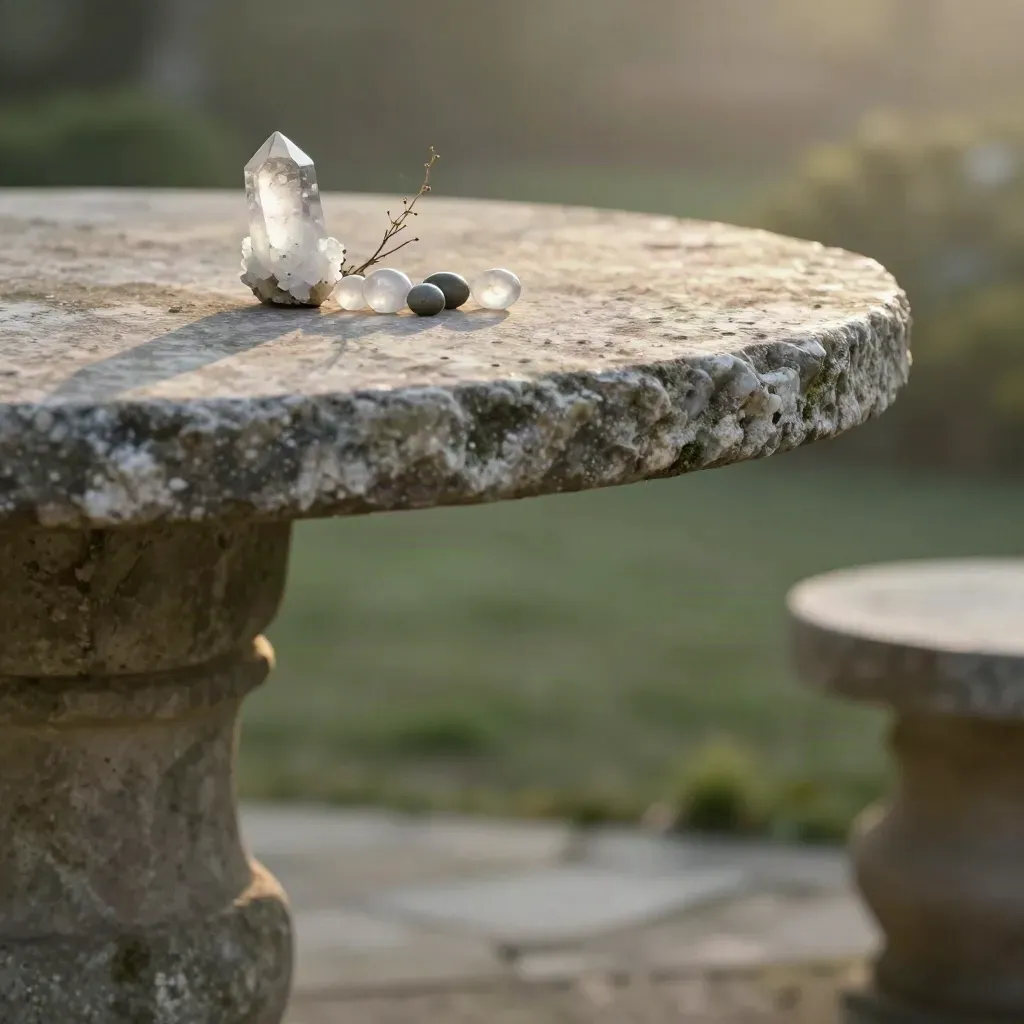 Quartz crystals and dried stems on a weathered stone garden table above a misty green courtyard.