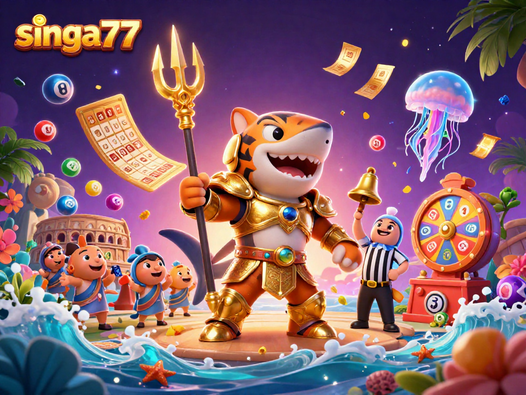 Singa77 highlights the exciting underwater casino adventure with vibrant characters and game elements.