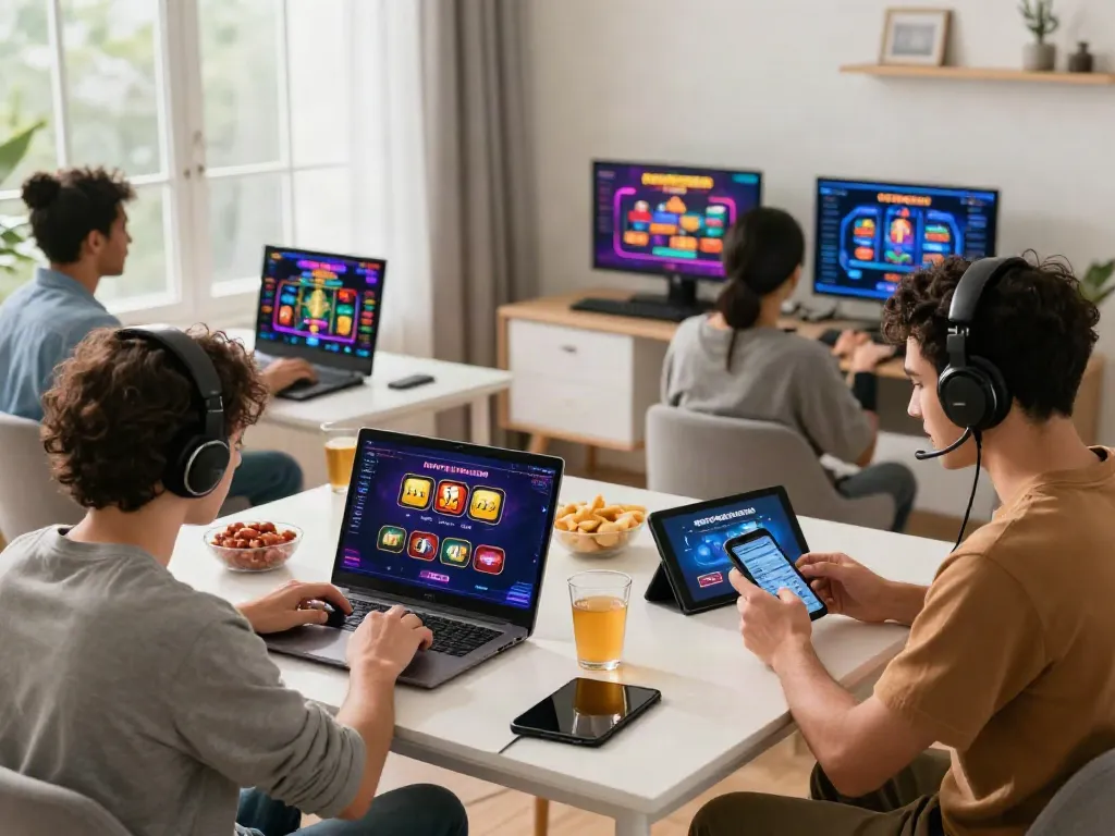 Best credit card casinos featured in diverse home gaming scene with players engaging in online payments.