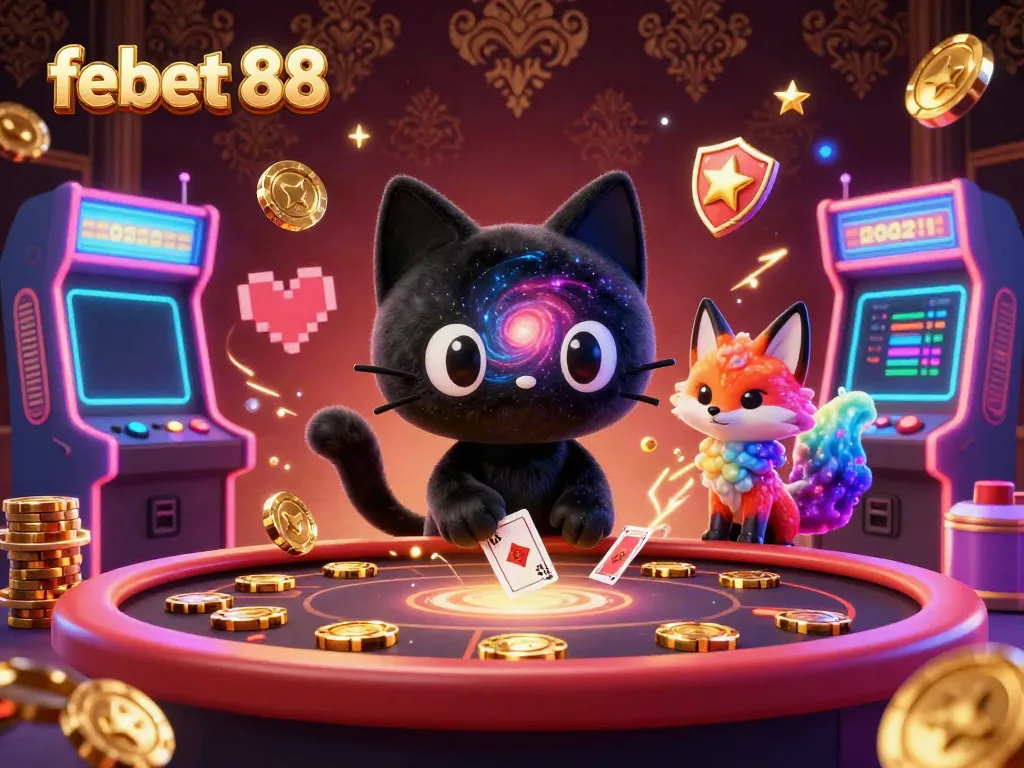 Experience the excitement of febet 88 with a cosmic-themed casino illustration featuring diverse gaming elements.