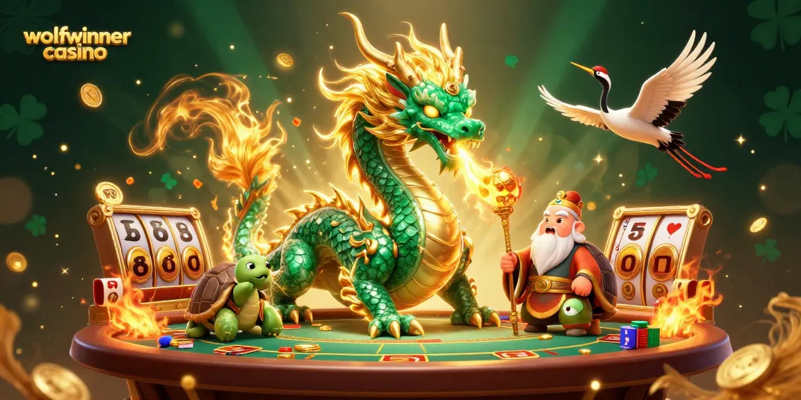 Experience the thrill at wolfwinner casino with a dynamic scene featuring a jade dragon and lucky elements.