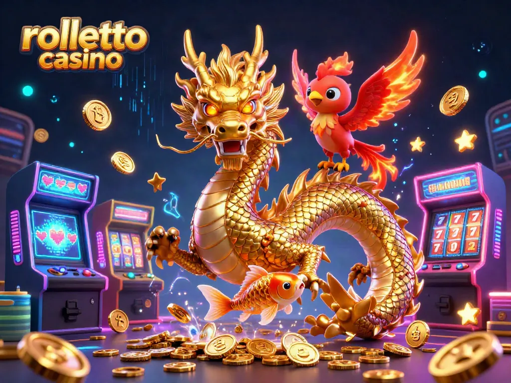 Win big at rolletto casino with a vibrant, dynamic 3D casino scene showcasing exciting gaming elements.