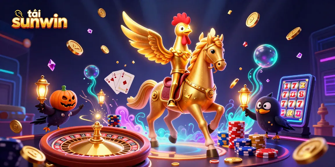 Engage in the thrilling world of tải sunwin as a golden rooster navigates a vibrant casino scene.