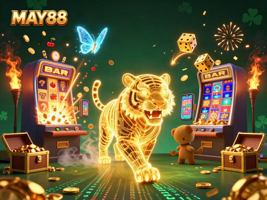 MAY88 captures thrilling wins at a vibrant digital casino with slot machines and golden elements.