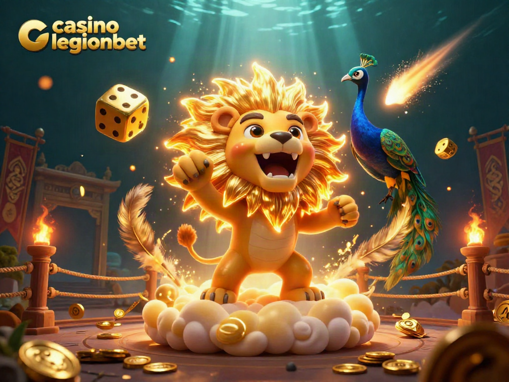 Engage with thrilling action at casino legionbet featuring a triumphant sun lion, golden dice, and vibrant game elements.