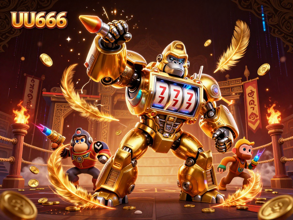 Experience thrilling gaming at UU666 with a dynamic scene of a golden gorilla mech bursting with coins.