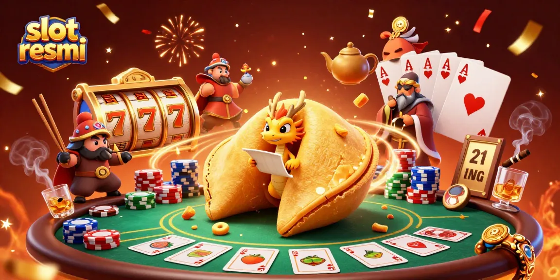 Engage with slot resmi as a tiny dragon reads golden fortune inside a giant cookie amidst vibrant gambling symbols.