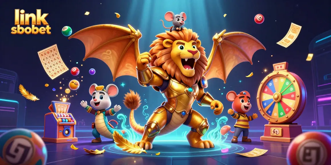 Join the excitement with link sbobet, featuring a roaring chimera in golden armor surrounded by colorful lottery elements.